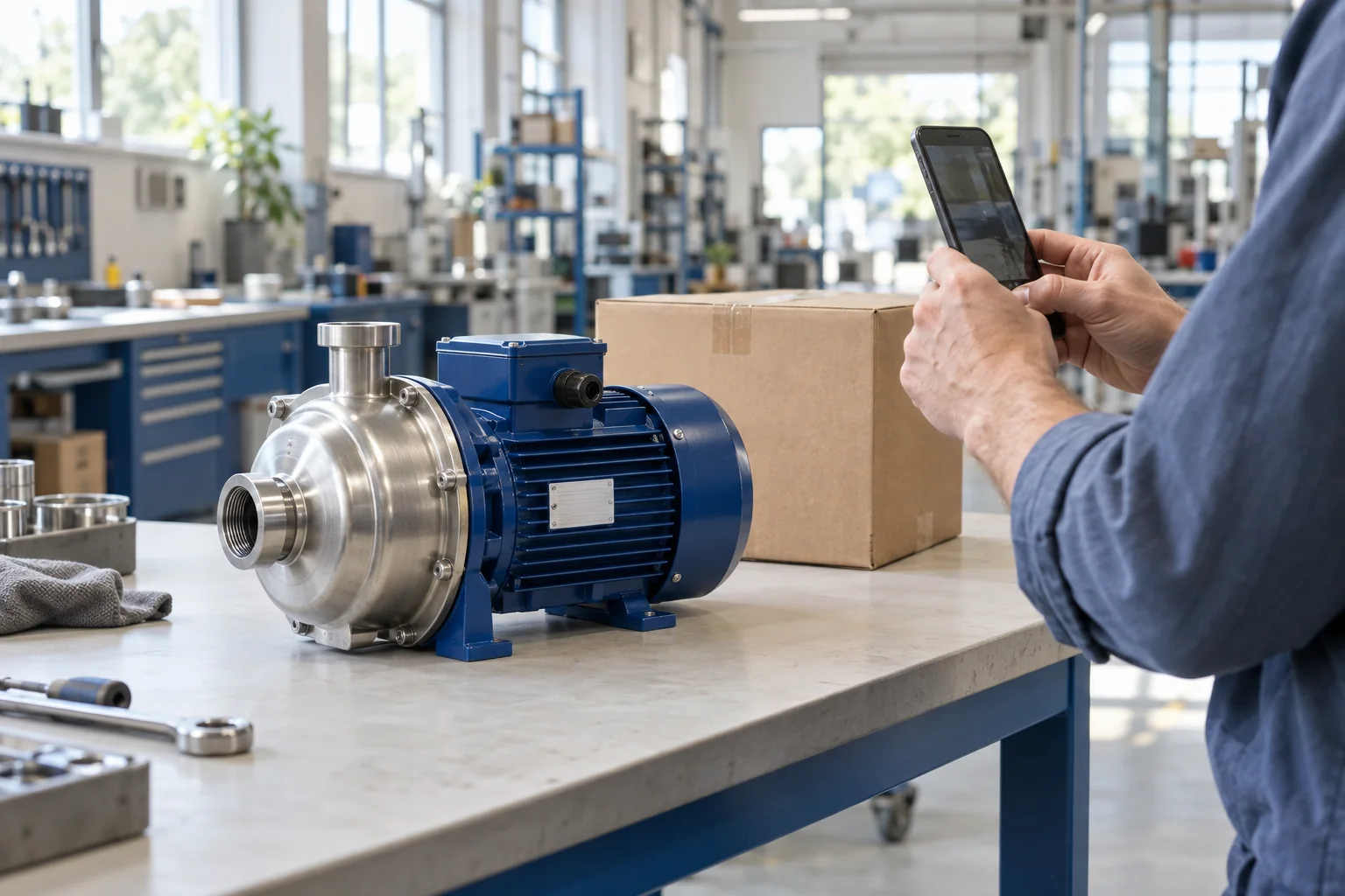 Un tecnico documenta con lo smartphone una pompa industriale pronta per la consegna